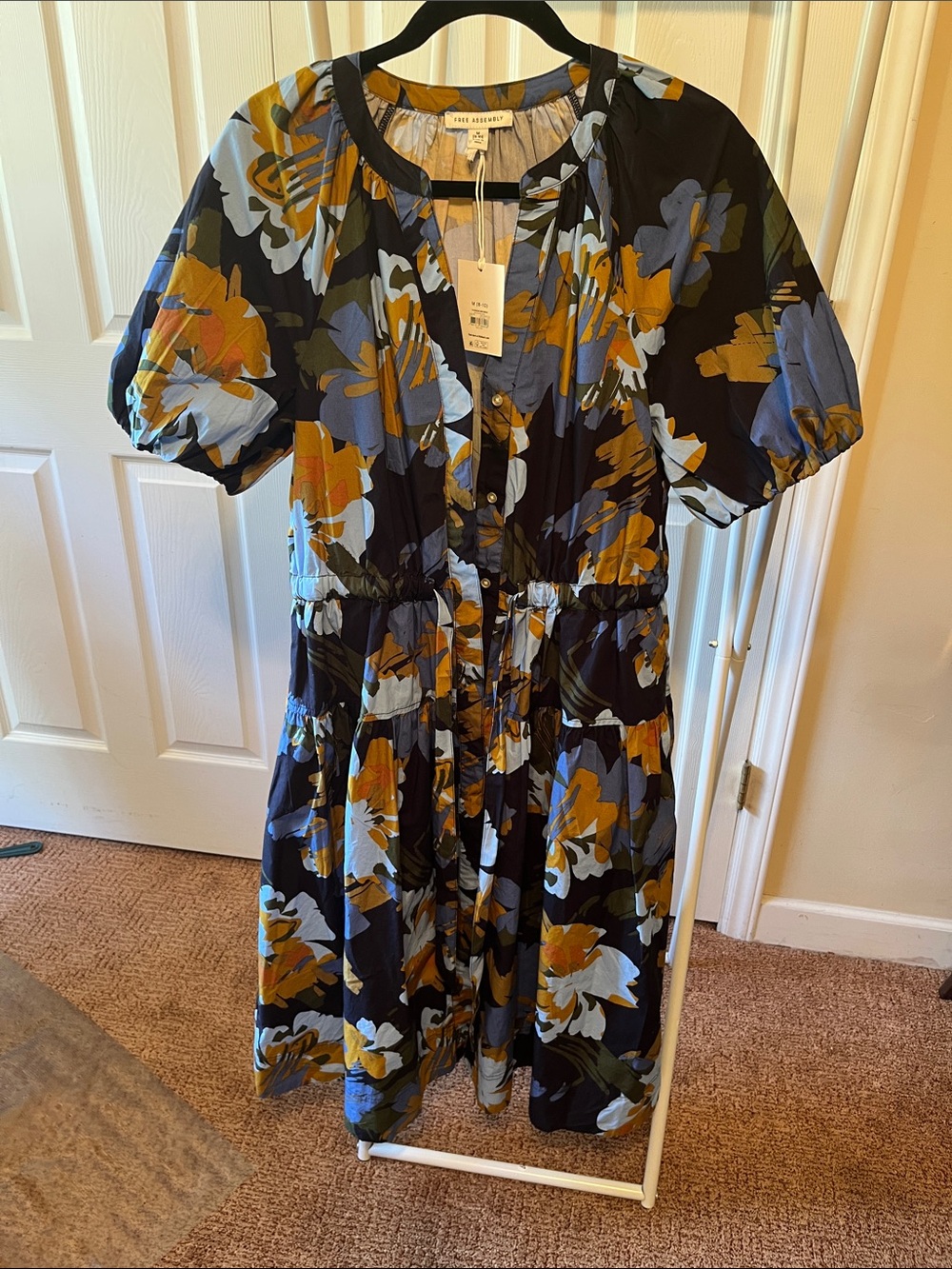 Floral Button-Front Midi Dress in Navy, Mustard & Light Blue - Picture 2 of 5